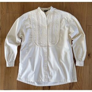 Liz Wear Ivory Cotton Blouse Pintuck Pleats Mandarin Collar Size Petite Vintage